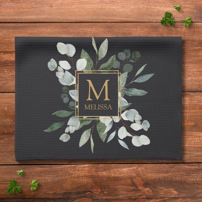 Monogram Watercolor Tropical Green Leaves Black Tea Towel (In situ)