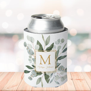 Monogram Watercolor Tropical Green Leaves Can Cooler