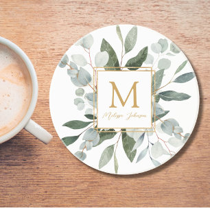 Monogram Watercolor Tropical Green Leaves Coaster