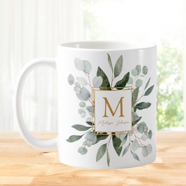 Monogram Watercolor Tropical Green Leaves Coffee Mug (In situ)
