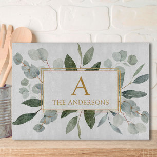 Monogram Watercolor Tropical Green Leaves Cutting Board