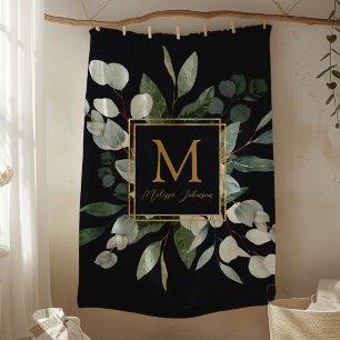 Monogram Watercolor Tropical Green Leaves Fleece Blanket