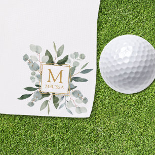Monogram Watercolor Tropical Green Leaves Golf Towel