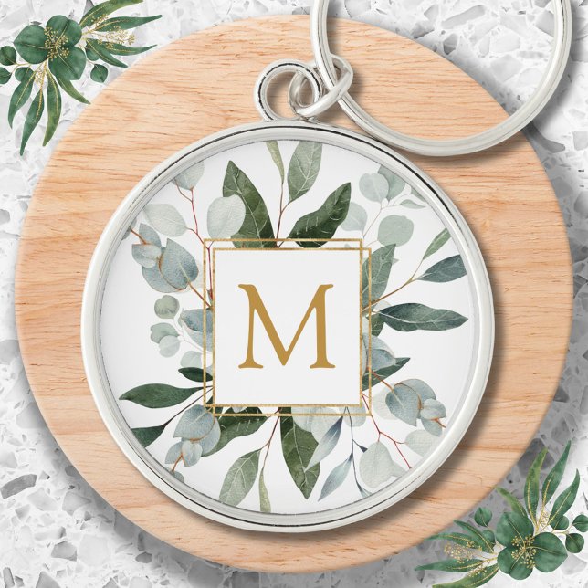 Monogram Watercolor Tropical Green Leaves Key Ring (In situ)