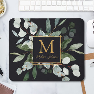 Monogram Watercolor Tropical Green Leaves Mouse Mat