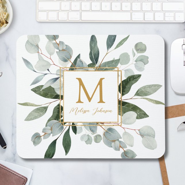 Monogram Watercolor Tropical Green Leaves Mouse Mat (In situ)