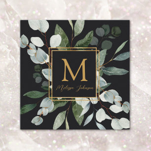 Monogram Watercolor Tropical Green Leaves Square Business Card
