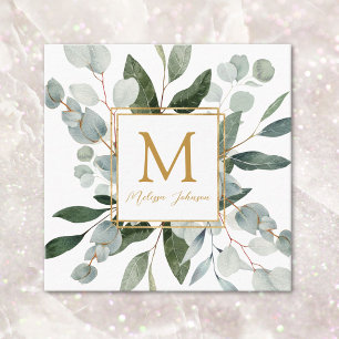 Monogram Watercolor Tropical Green Leaves Square Business Card