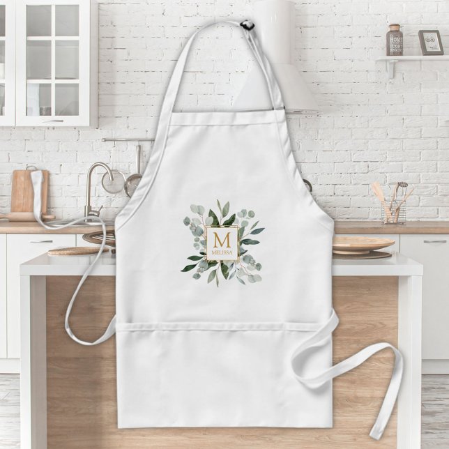 Monogram Watercolor Tropical Green Leaves Standard Apron (In situ)