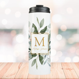 Monogram Watercolor Tropical Green Leaves Thermal Tumbler