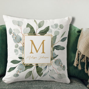 Monogram Watercolor Tropical Green Leaves White Cushion