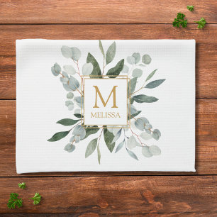 Monogram Watercolor Tropical Green Leaves White Tea Towel