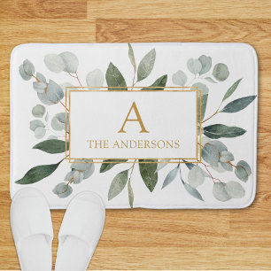 Monogram Watercolor Tropical Green White Leaves Bath Mat