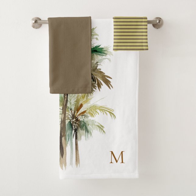 Monogram Watercolor Tropical Palm Personalized Bath Towel Set (Insitu)