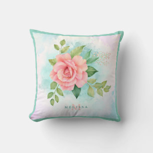 Monogram Watercolor Turquoise Ombre Pink Rose Cushion