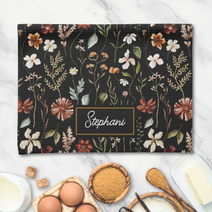 Monogram Watercolor Vintage Wildflower Floral Tea Towel