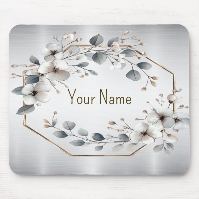Monogram Watercolor White Flowers Golden Silver Mouse Mat (Front)