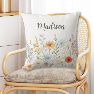 Monogram Watercolor Wild Flowers Floral Botanical Cushion
