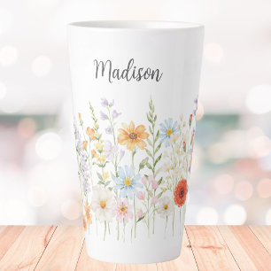 Monogram Watercolor Wild Flowers Floral Botanical Latte Mug