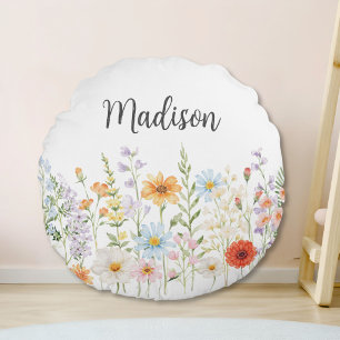 Monogram Watercolor Wild Flowers Floral Botanical Round Cushion