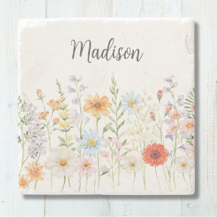 Monogram Watercolor Wild Flowers Floral Botanical Stone Coaster