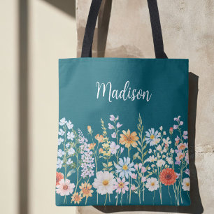 Monogram Watercolor Wild Flowers Floral Botanical Tote Bag