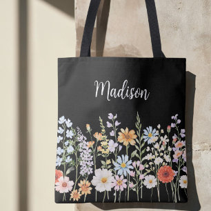 Monogram Watercolor Wild Flowers Floral Botanical Tote Bag