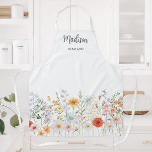 Monogram Watercolor Wild Flowers Floral Cooking Apron