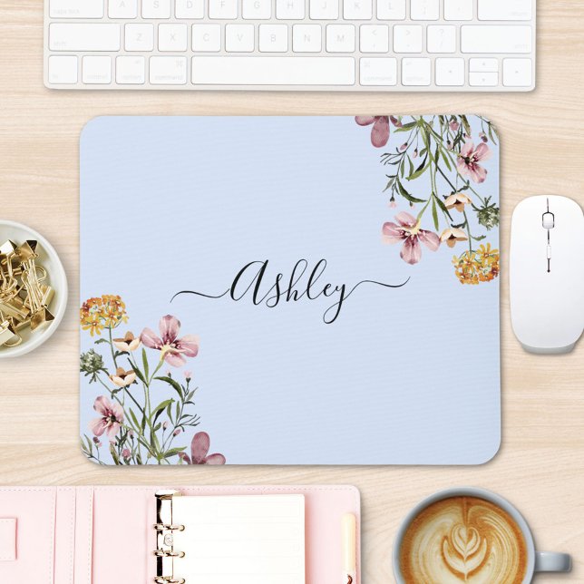 Monogram Watercolor Wildflower Bouquet #1  Mouse Mat (In situ office desk)