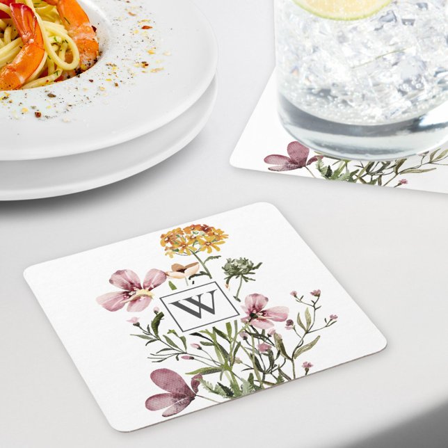 Monogram Watercolor Wildflower Bouquet #1  Square Paper Coaster (In situ dining table)