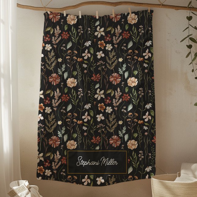 Monogram Watercolor Wildflower Floral Botanical Fleece Blanket (In situ)