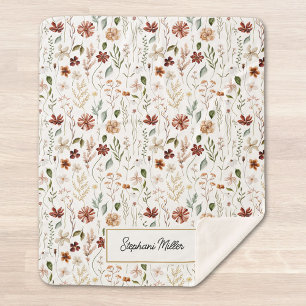 Monogram Watercolor Wildflower Floral Botanical Sherpa Blanket
