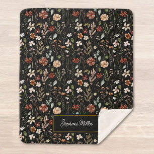 Monogram Watercolor Wildflower Floral Botanical Sherpa Blanket