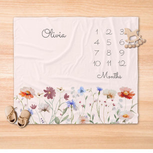 Monogram Watercolor Wildflower Milestone Baby Fleece Blanket