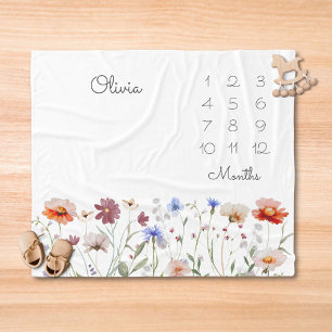 Monogram Watercolor Wildflower Milestone Baby Fleece Blanket