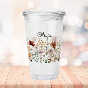 Monogram Watercolor Wildflower Pretty Floral Acrylic Tumbler