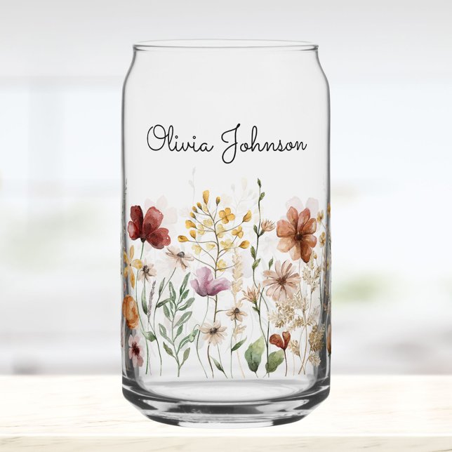 Monogram Watercolor Wildflower Pretty Floral  Can Glass (In situ)