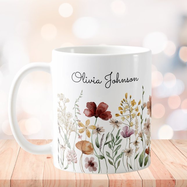 Monogram Watercolor Wildflower Pretty Floral  Coffee Mug (In situ)