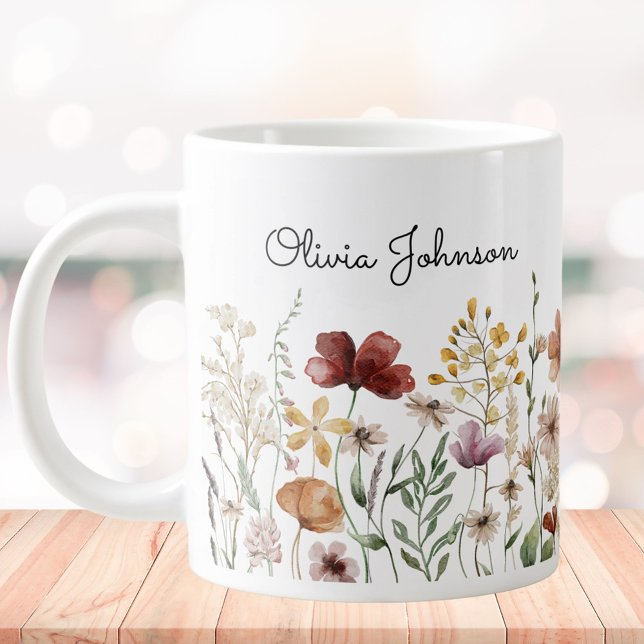 Monogram Watercolor Wildflower Pretty Floral  Large Coffee Mug (In situ)