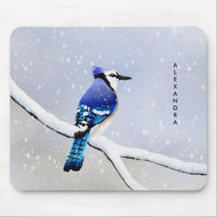 Monogram Watercolor Winter Snow Bird Blue Jay Mouse Mat