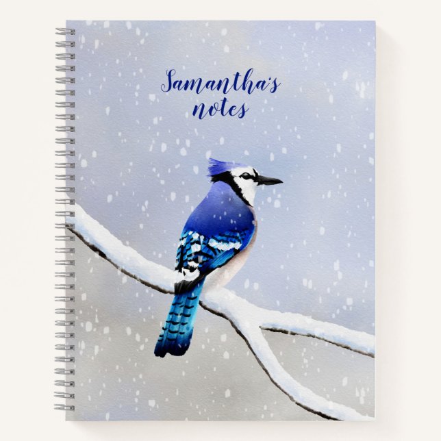 Monogram Watercolor Winter Snowfall Bird Blue Jay Notebook (Front)