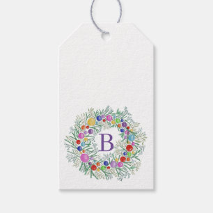Monogram Watercolor Wreath Christmas Gift Tags