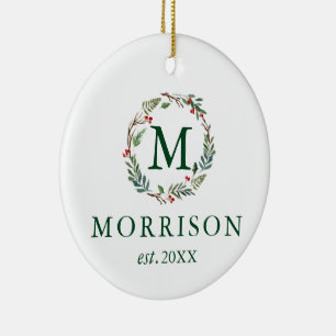 Monogram Watercolor Wreath Newlywed PHOTO BACK Ceramic Tree Decoration