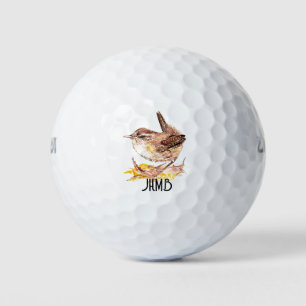 Monogram Watercolor Wren Bird Nature, Wildlife Golf Balls