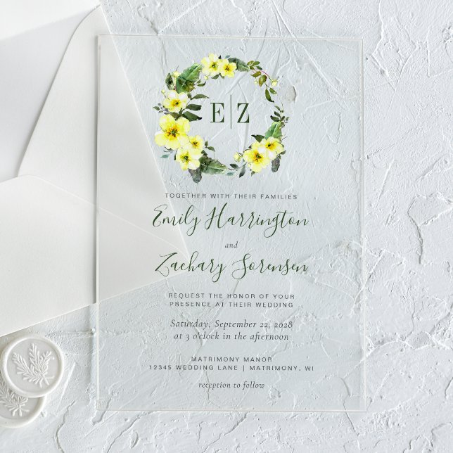 Monogram Watercolor Yellow Floral Wreath Wedding Acrylic Invitations (Creator Uploaded)