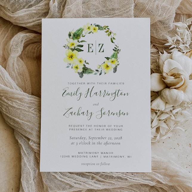 Monogram Watercolor Yellow Floral Wreath Wedding Invitation (Creator Uploaded)