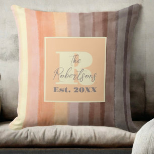 Monogram watercolor yellow orange brown stripes  cushion