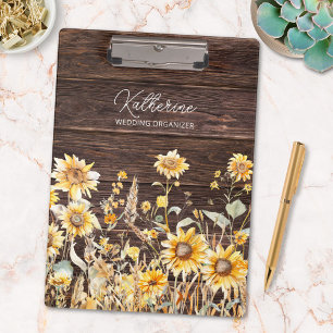 Monogram Watercolor Yellow Sunflower Field Wood Clipboard