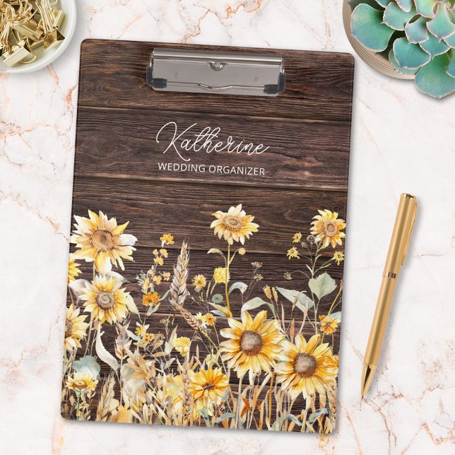 Monogram Watercolor Yellow Sunflower Field Wood Clipboard (in situ)
