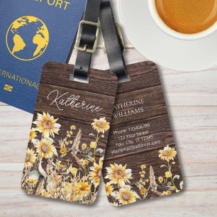 Monogram Watercolor Yellow Sunflower Field Wood Luggage Tag